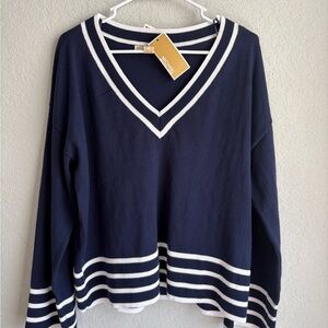 NWT Michael Kors Navy V-Neck Varsity Sweater with White Stripes